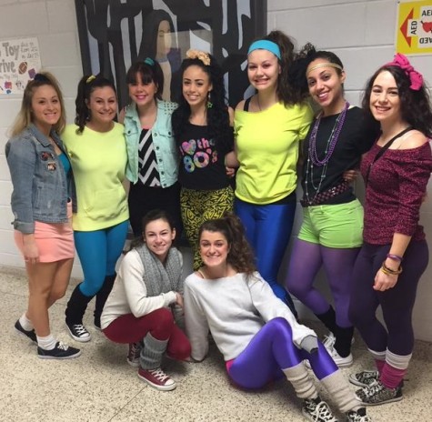 The senior girls dress up in 80's gear for Decade Day.