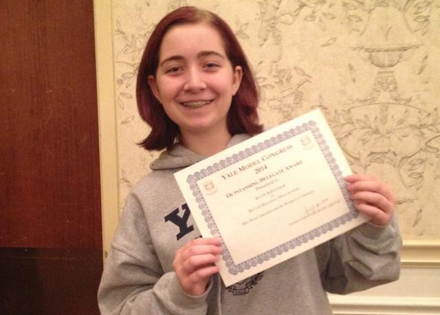 Freshman Katie Kretzmer is so excited to win a certificate at her first Model Congress.