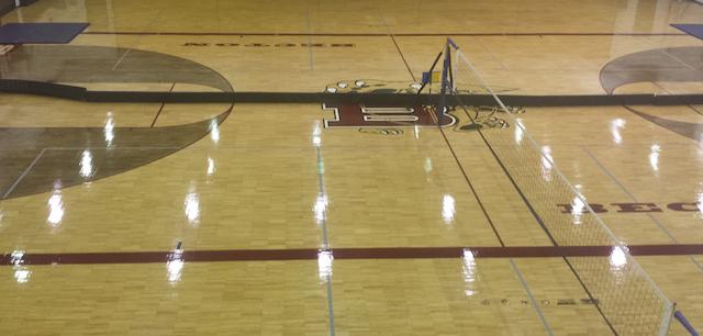 The new gymnasium floor mimics that of a college campus.