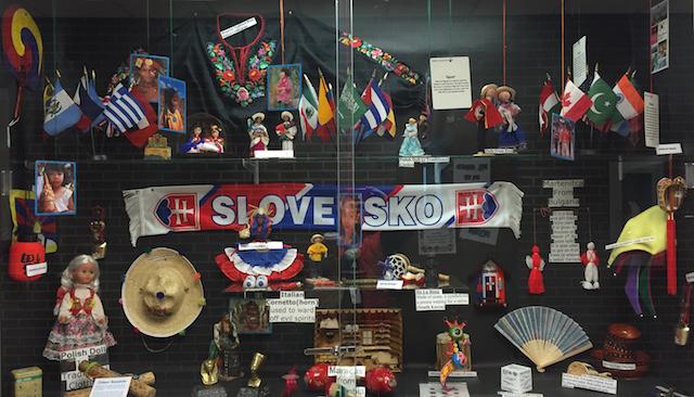 The display case, which can be found on the main floor at Becton, is made up of a collection of artifacts from all over the world. All items were given to ESL Teacher Mrs. Gonzo over the past 25 years. Each item has a story behind it including from the country in which it originated.