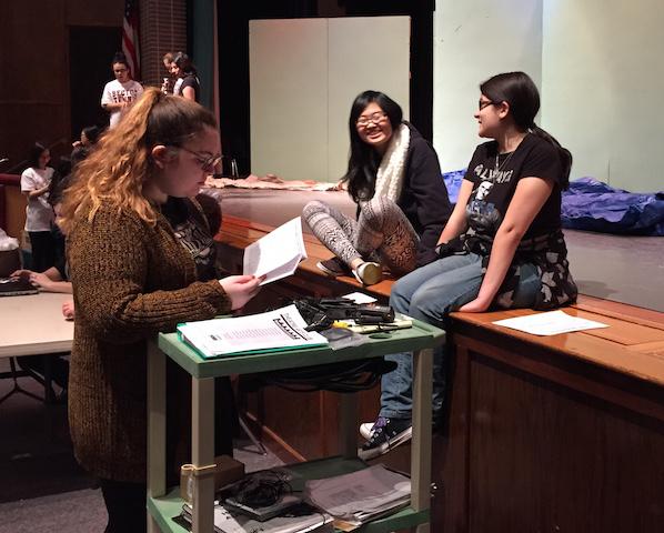 Victoria Gramlich, Makoto Kato and Cheyanne Pedroza review their lines at practice.