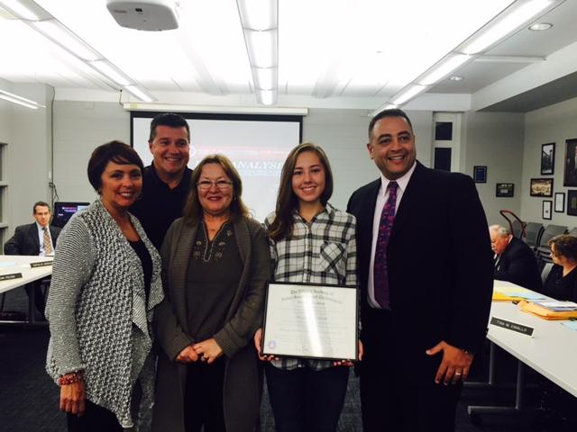 Jennifer Mikulko is recognized for her accomplishment at the October Board of Education meeting.