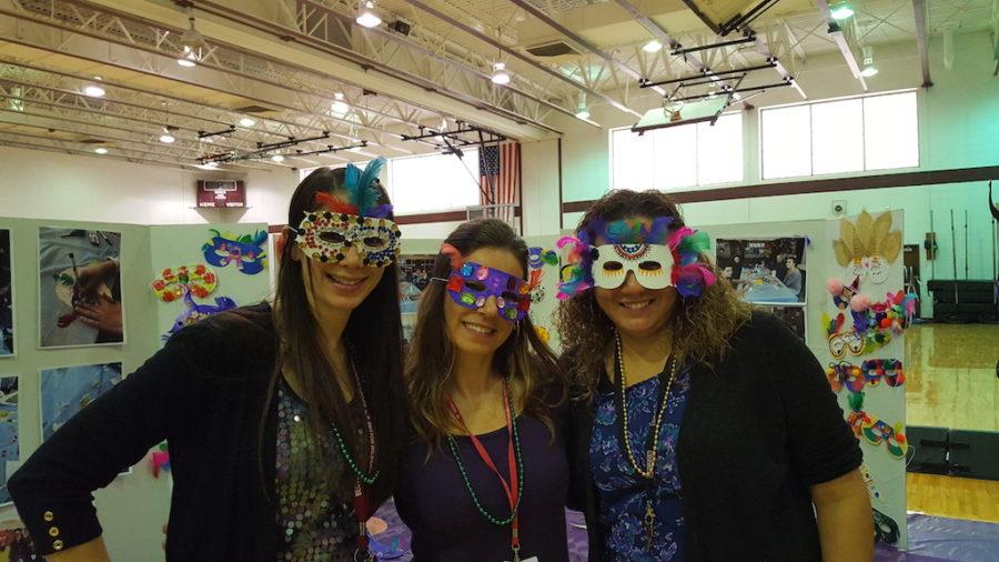 Mrs.+Colangelo%2C+Mrs.+Bonanno+and+Mrs.+Sanchez+have+fun+wearing+masks+made+by+Becton+art+students.