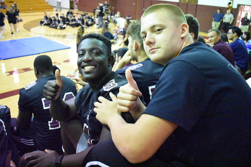 Anthony Thomas (pictured left) and Joe Emerson exhibit school spirit at Bectons first pep rally.