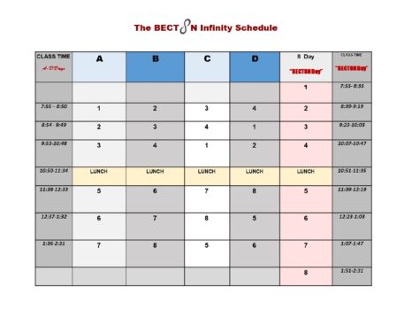 The BECT8N Infinity Schedule and an earlier start time will both be implemented for the 2018-2019 school year.