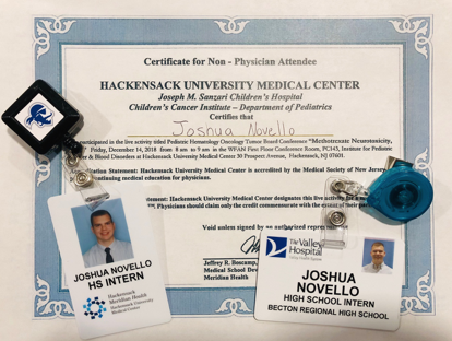 Joshua currently holds internships at Hackensack Hospital and The Valley Hospital located in Ridgewood.
