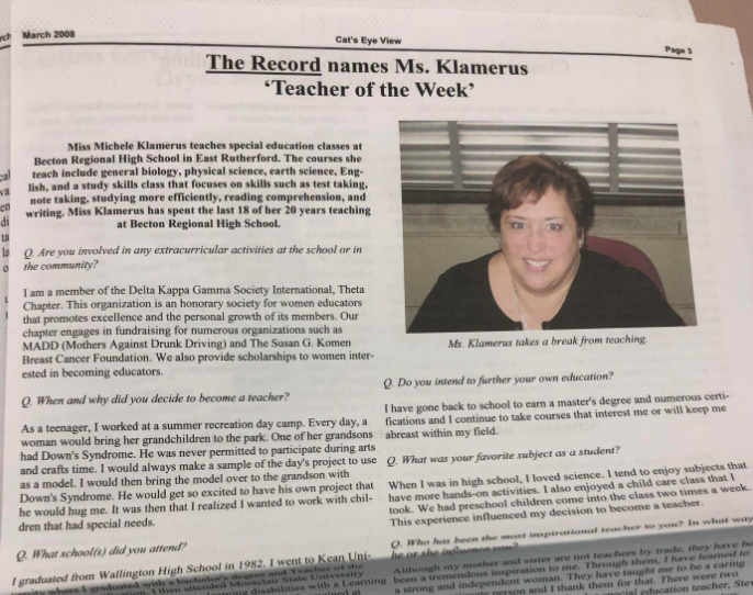The Record Names Ms. Klamerus Teacher of the Week