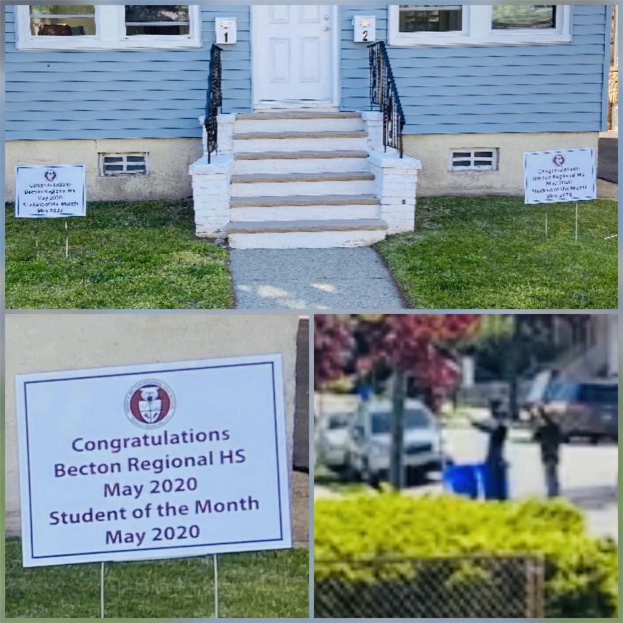 This celebratory sign adorns the entrance of Catherine Kims home as Becton administration surprise another student of the month. 