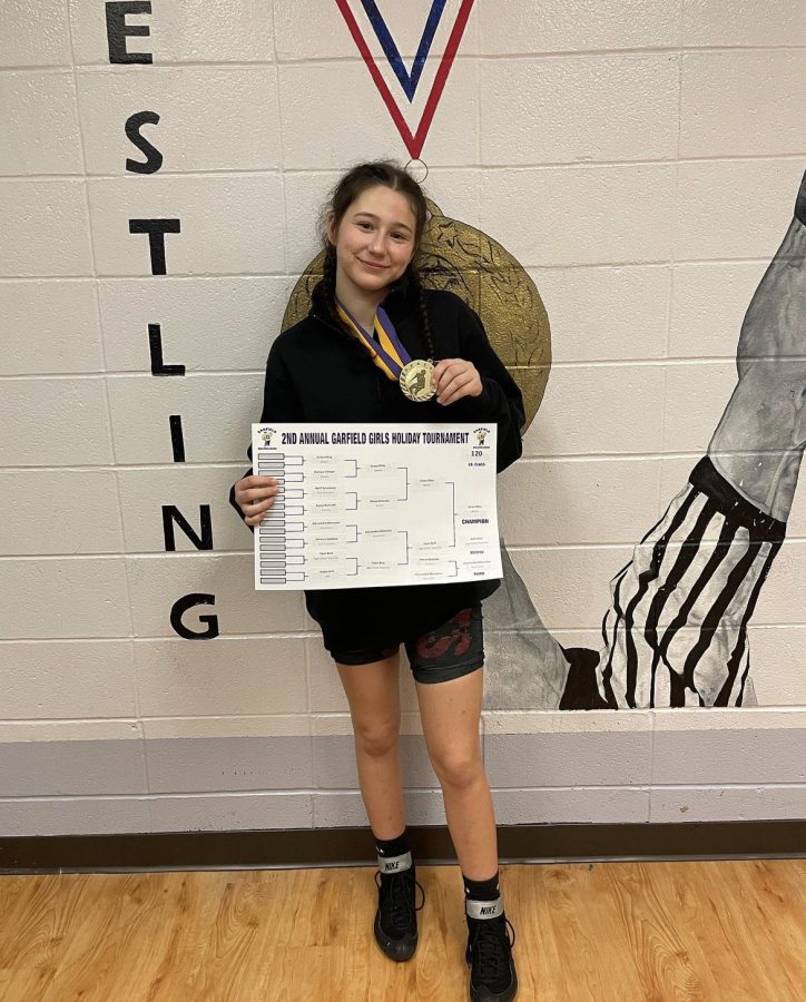 Grace Riley following her First Place win at Garfield Wrestling Tournament. 