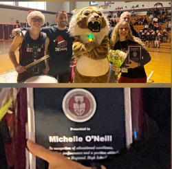 Ms. Michelle ONeill (Far Right) next to Becton Wildcat, Principal Dr. Sforza, and Becton Student Michael Sorentino congratulating ONeill on her accomplishment. 