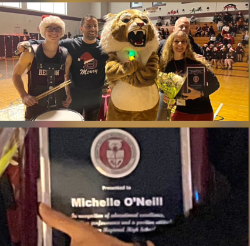 Ms. Michelle O'Neill (Far Right) next to Becton Wildcat, Principal Dr. Sforza, and Becton Student Michael Sorentino congratulating O'Neill on her accomplishment. 