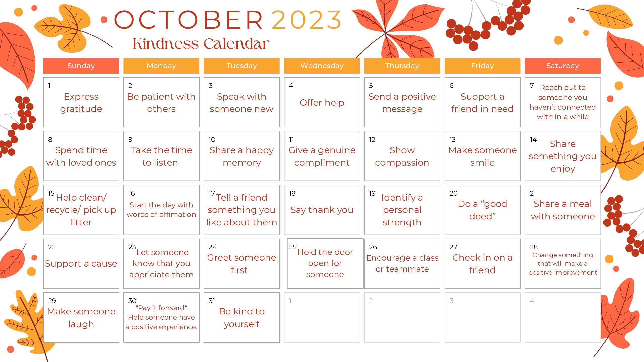 October Kindness Calendar The Cat's Eye View