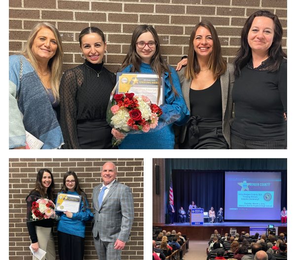 Veronica and her supporters: mom, teachers Mrs. Oram, Ms. Ryan, and Mrs. Failla, and Vice Principal, Mrs. Colangelo, and Principal, Mr. Bononno. 