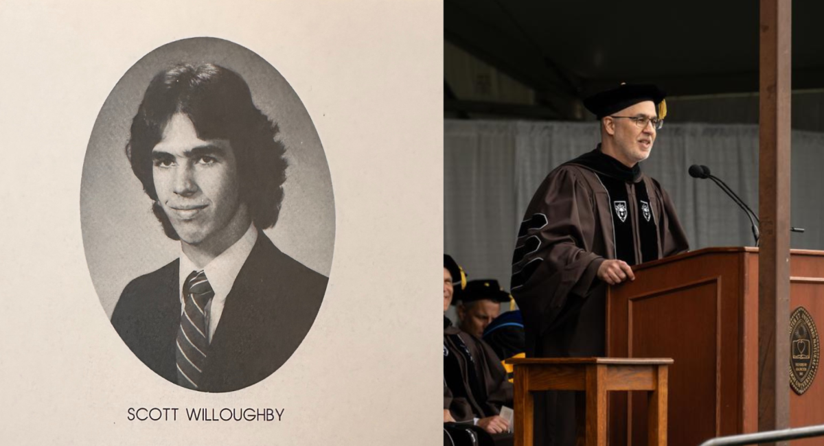 Scott Willoughby in 1985 Becton Yearbook Photo (left), and Scott Willoughby in May 2024 giving the commencement speech at Lehigh University (right).